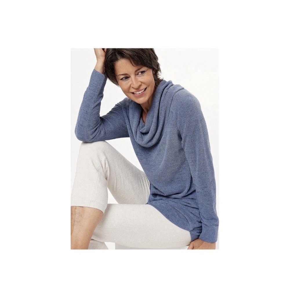 Barefoot Dreams CozyChic Ultra Lite Cowl Neck Knit Sweater Tunic Vintage Blue SM